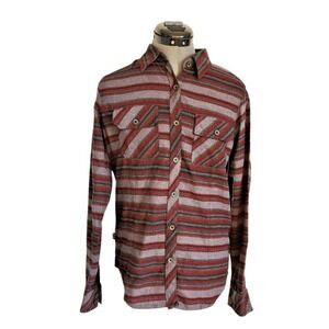 Metal Mulisha Mens XS Red Grey Striped Flannel Button Down Shirt Long Sleeve